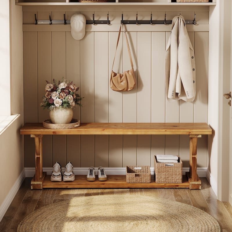 59 Inch Solid Wood Entryway Shoe Bench with Storage Shelves, Farmhouse Style - 59.06" W x 11.81" D x 17.72" H