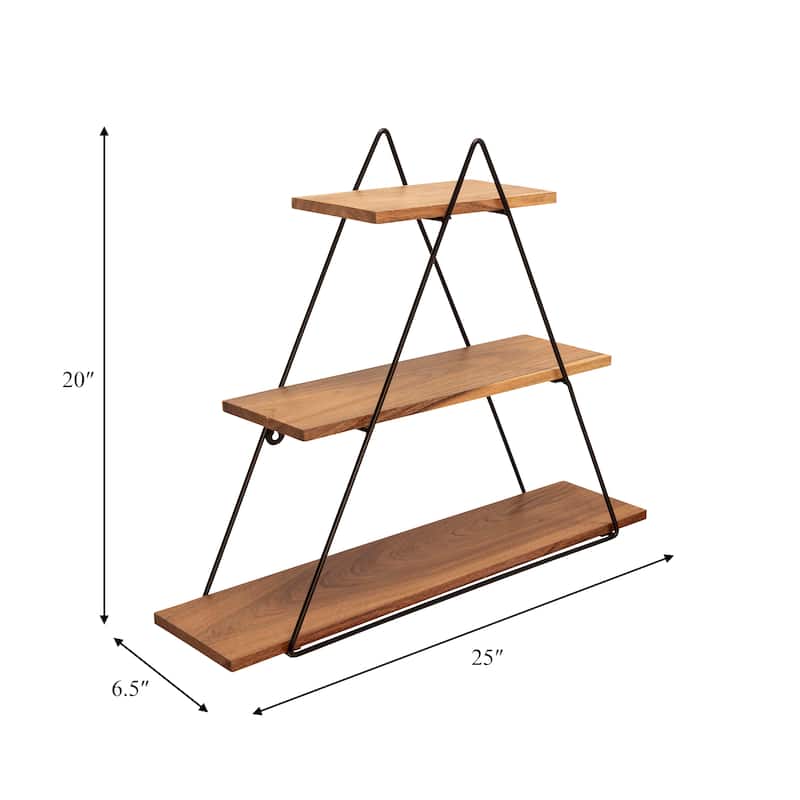 Wooden Triangle Shelf with Metal Frame - 3 Tiered Wall Shelf - Rustic Farmhouse Contemporary Style - 25" x 6.5" x 20"