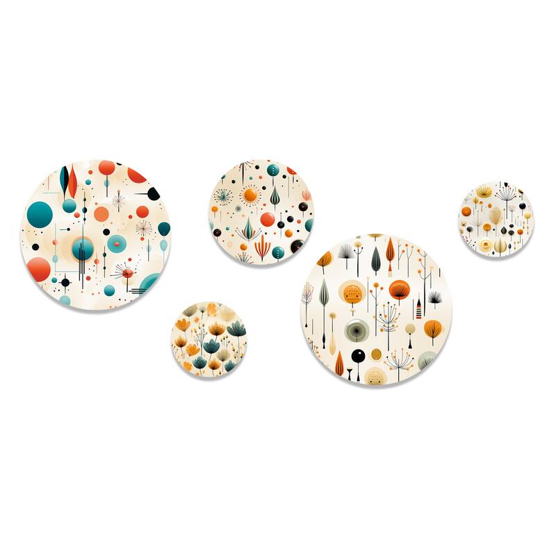 Designart "Atomic Age Modern Fusion" Geometric Wall Art Set of 5 - Mid-Century Orange Metal Wall Living Room Decor Set