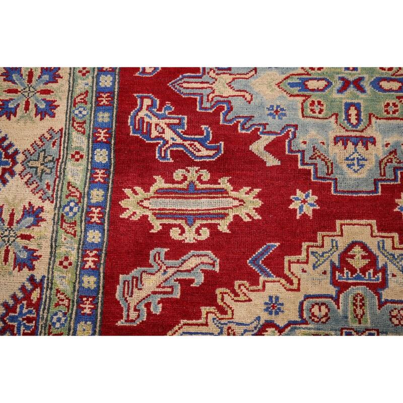 Geometric Red Kazak Rug Handmade Oriental Wool Carpet - 5'1" x 6'9"