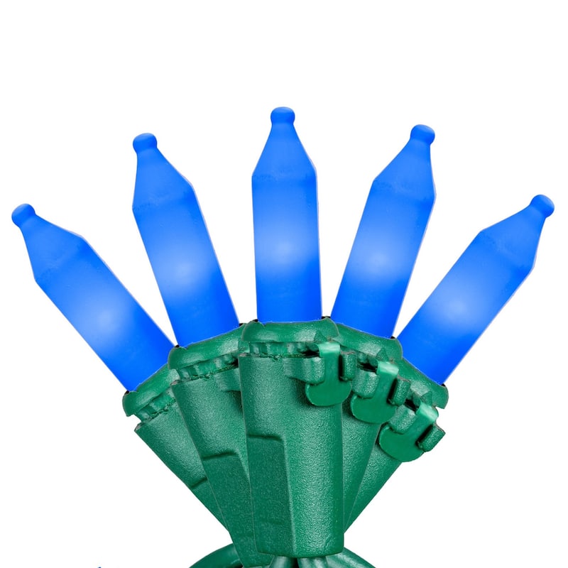 50 Light Traditional LED Christmas Mini Light Set, Patio Lights, Ceramic Bulbs, Green Wire, 25’ - Blue