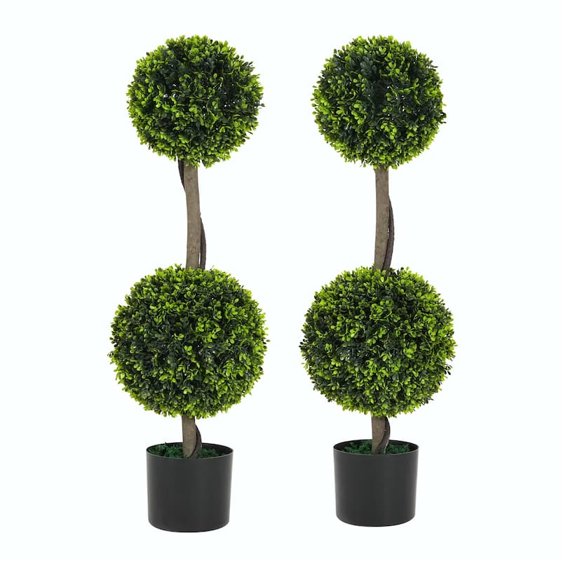 34" Artificial Topiary Boxwood Tree Double Ball with Pots, Set of 2 - Green