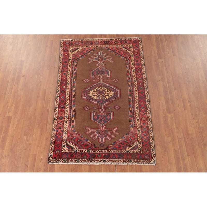 Brown Geometric Hamedan Vintage Persian Area Rug Handmade Wool Carpet - 4'6"x 7'1"
