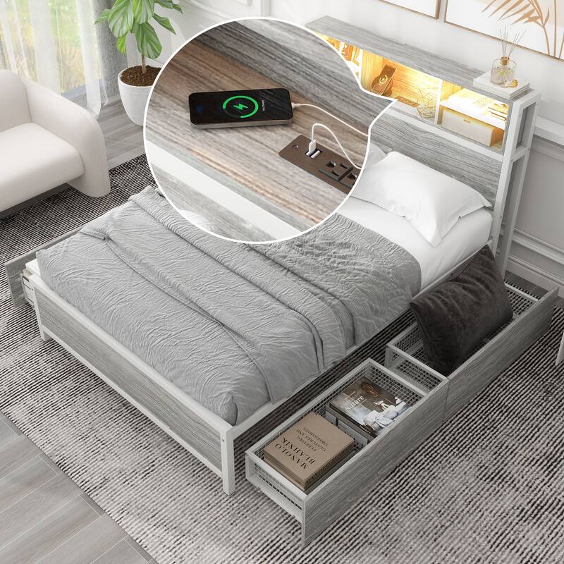 Full Storage Bed Platform Bed Frame Metal & Wood With LED Storage