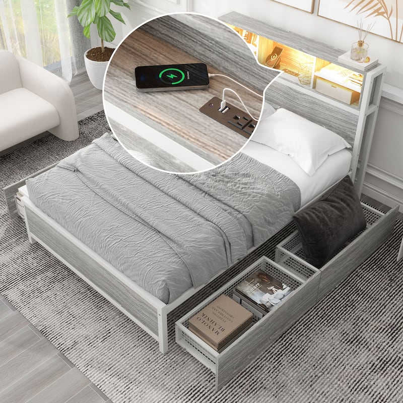 Traditional Platform Bed with Four Drawers, Sockets and USB Ports