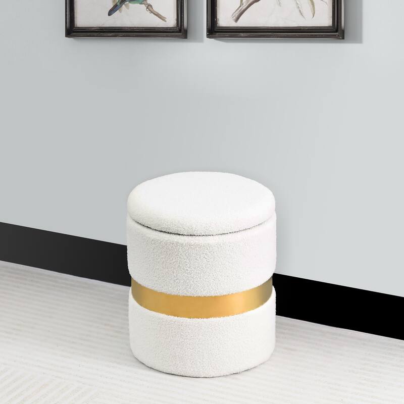 Adeco Set of 2 Velvet Storage Ottoman Round Foot Stool Metal Band