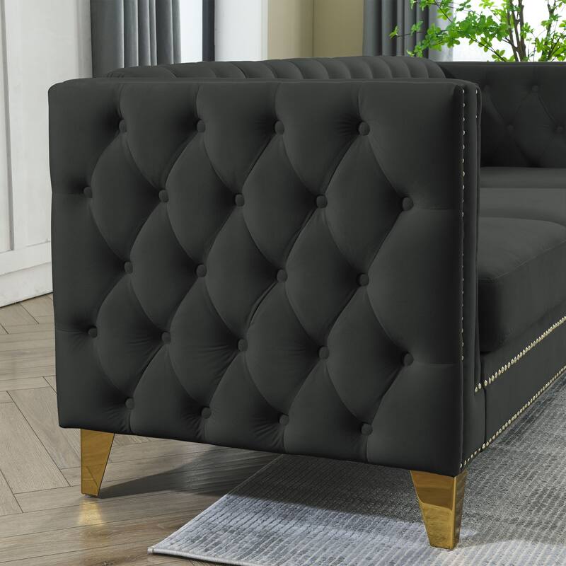 Modern 2-Seat Velvet Sofa with Nailhead Trim, Button Tufting, and Metal Legs