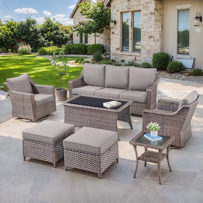 7 Pieces Sofa with Rocking Chair, Ottomans, Coffee Table - Brown