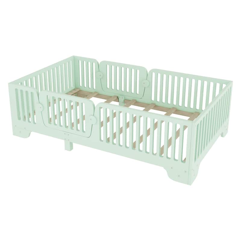 Twin Floor Bed with Slats and Fence, Twin Size Montessori Floor Beds with Door, No Box Spring Needed
