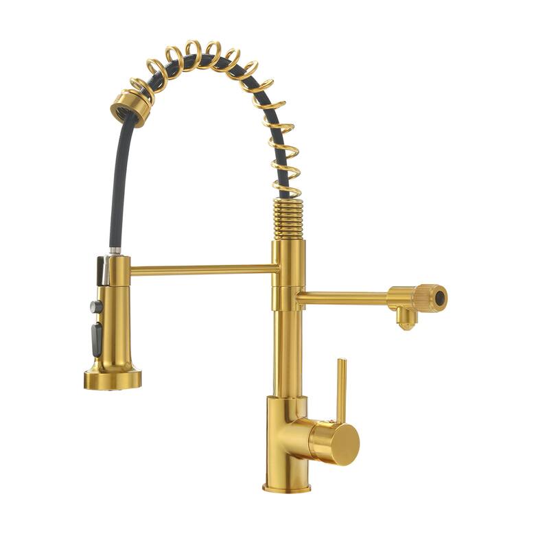 Single Handle Commercial Kitchen Sink Faucet With Pull Down Sprayer Modern Spring Single Hole Basin Taps - Brushed Gold