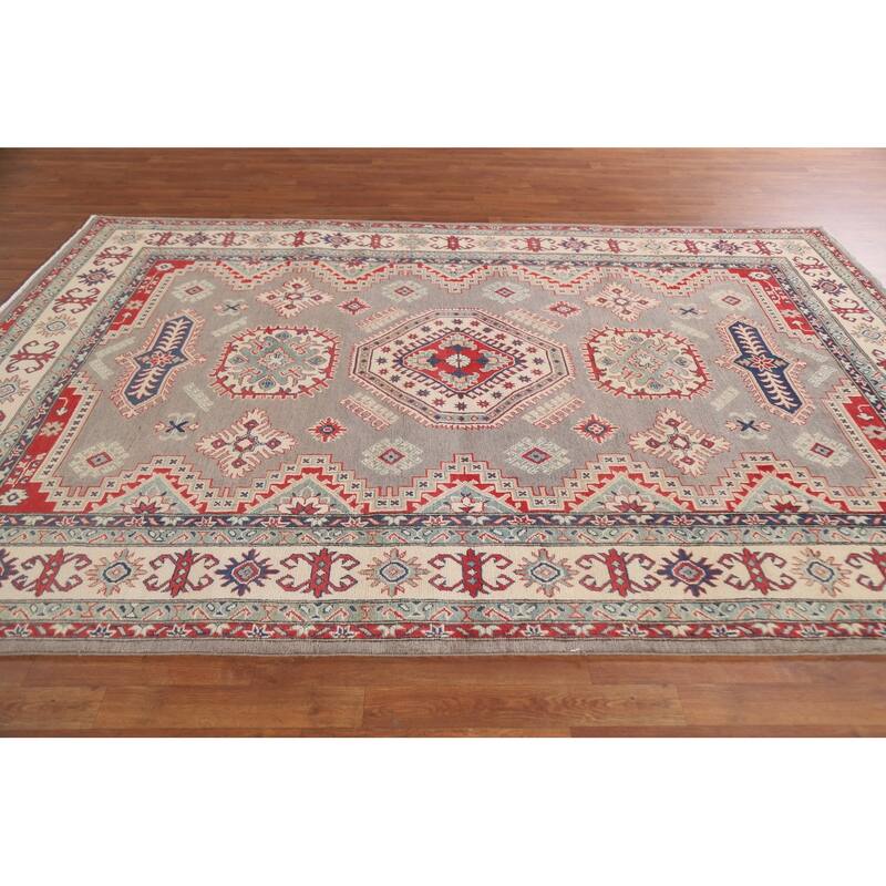 Hand Knotted Oriental 100% Wool Carpet Traditional Geometric Brown Kazak Area Rug - 9' 5'' X 6' 7''