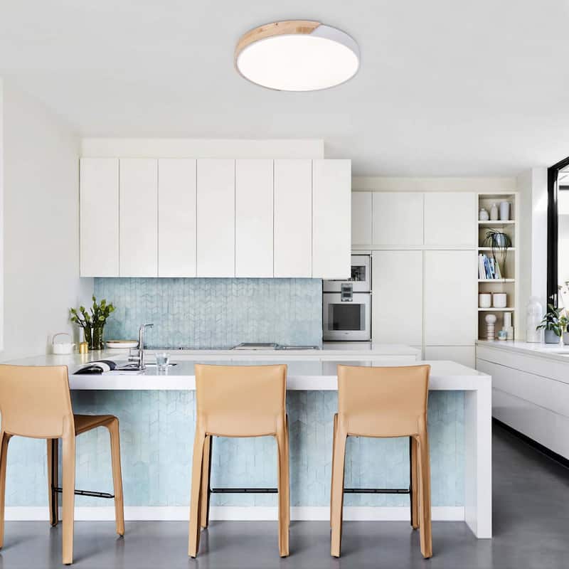 1 - Light Mid-Century Modern White Metal Wood LED Dimmable Flush Mount