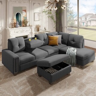 Living Room L-Shape Reversible Sectional Sofa Linen Convertible Couch ...