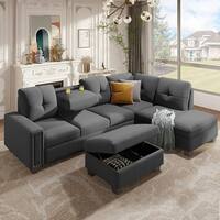Living Room L-Shape Reversible Sectional Sofa Linen Convertible Couch ...