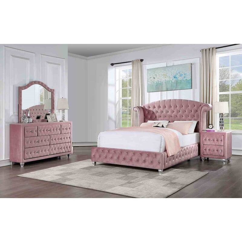 Glam Pink Upholstered 4Pc Bedroom Furniture Set with Crystal Button Tufting