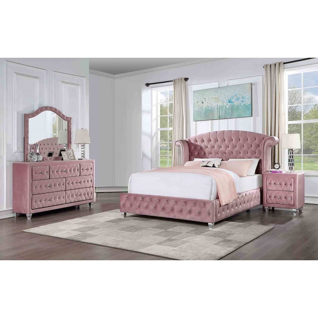 Glam Pink Upholstered 4Pc Bedroom Furniture Set with Crystal Button Tufting