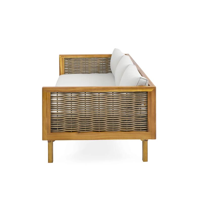 Acacia Wood Daybed with Rattan Arms Slat Paneling and Water Resistant Cushions