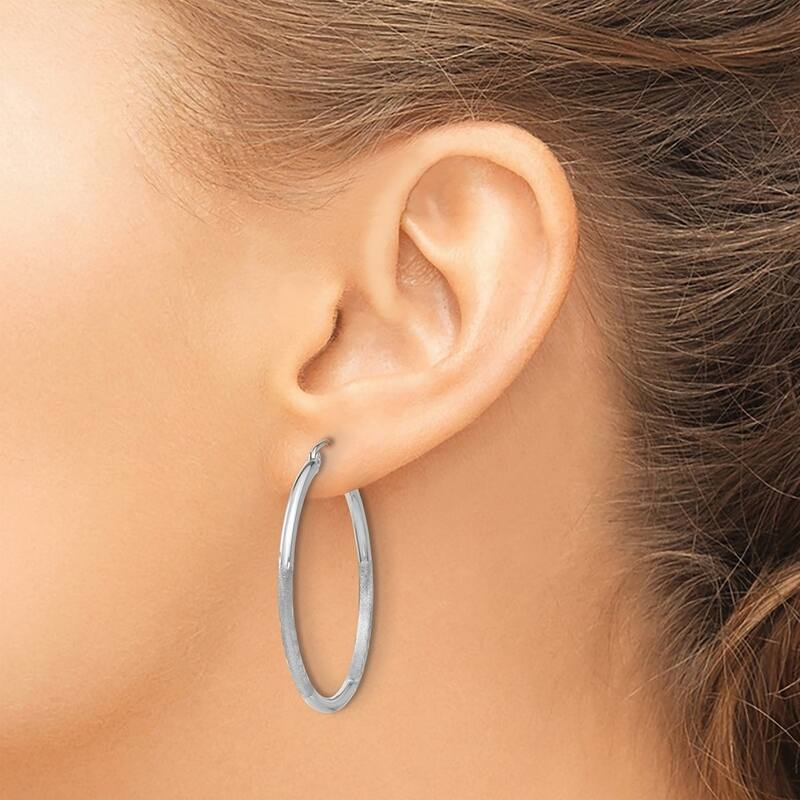Curata 14k White Gold Satin and Sparkle Cut Round Hoop Earrings - 35x35mm