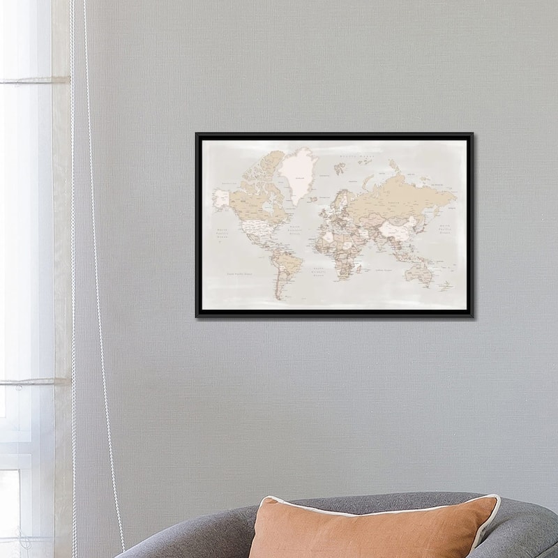 iCanvas "Rustic Distressed Detailed World Map With Cities, Lucille" by blursbyai Framed Canvas Print