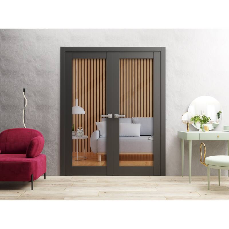 Solid French Double Doors 36 x 80 inches | Lucia 2166 Matte Black Clear Glass
