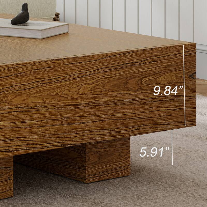 35.43" Square Wood Coffee Table with 2 Drawers, Brown Wood Texture - 35.43