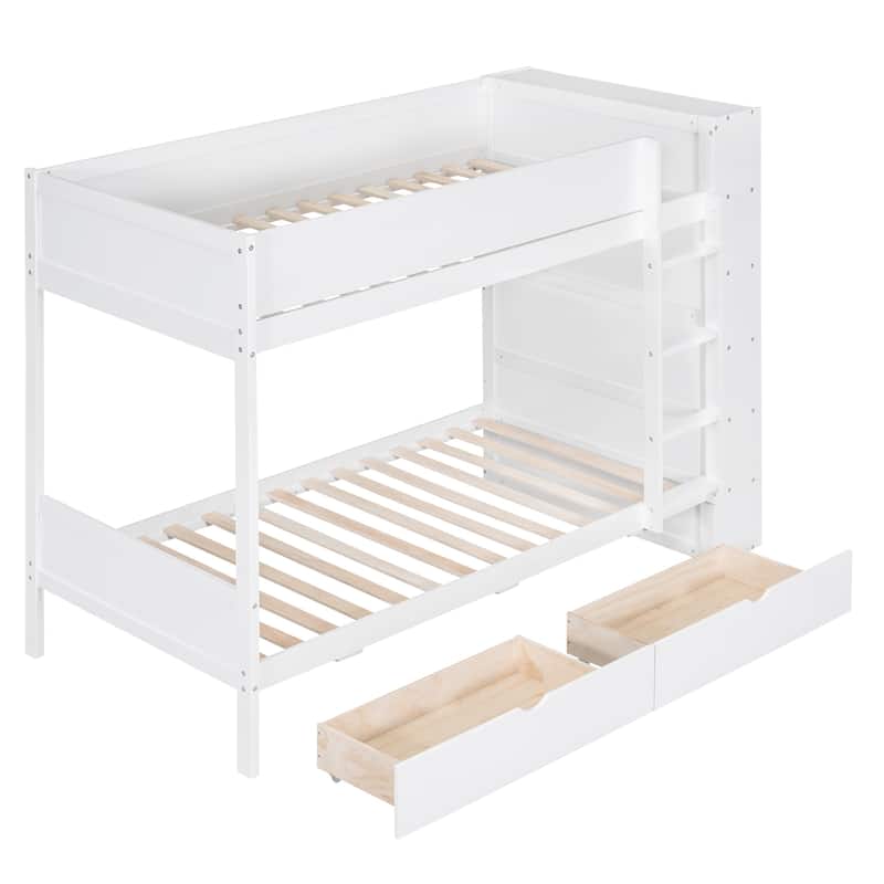 Twin over Twin Bunk Bed With 2 Drawers and Multi-layer Cabinet, White