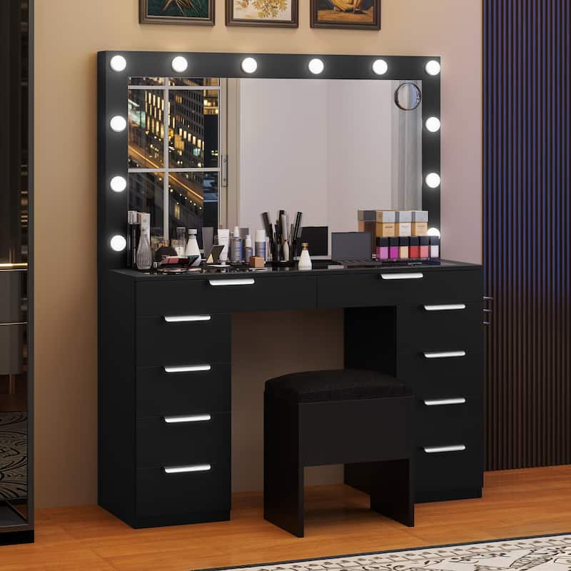 Moasis 10-Drawer Cosmetic Vanity Desk Set with Glass Tabletop Makeup Vanity with Stool - Black