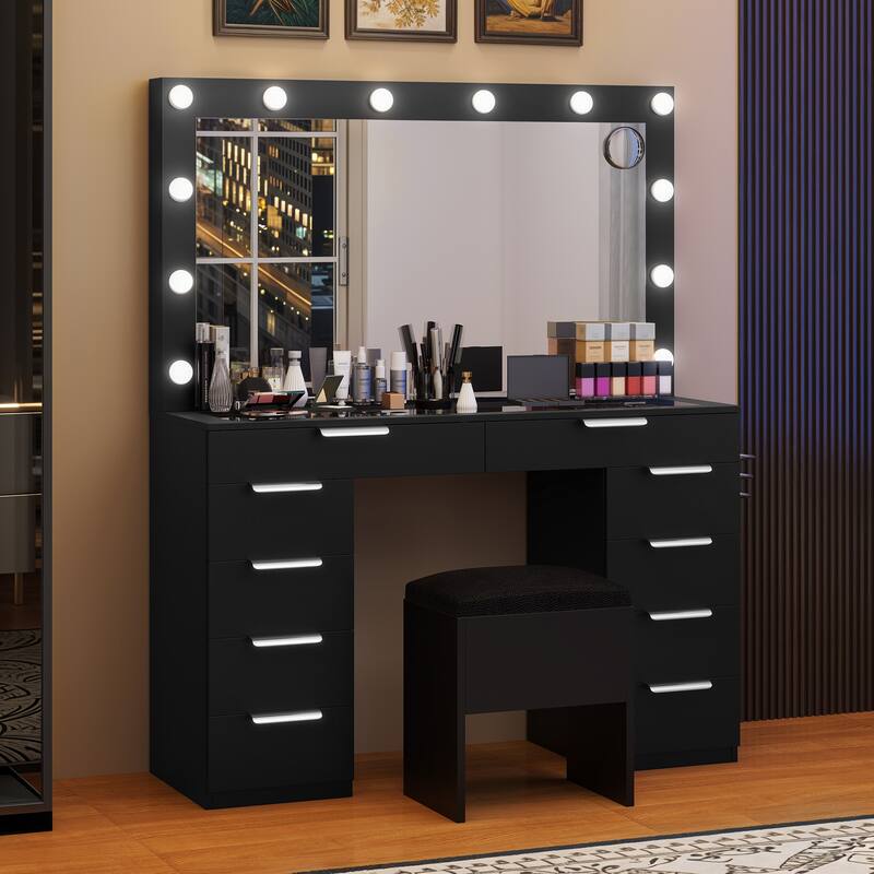 Moasis White 10-Drawer Cosmetic Vanity Desk Set with Glass Tabletop Makeup Vanity with LED Strip - Black LED Bulb