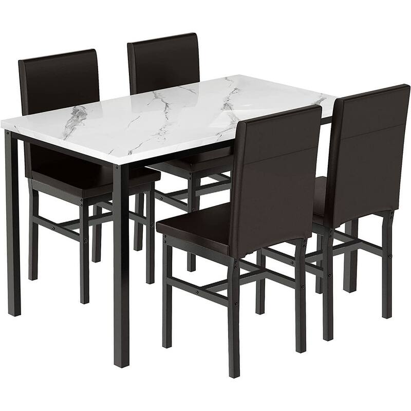 Modern Kitchen Dining Table Set for 4, Faux Marble Dining Set with 4 PU Leather Upholstered Chairs for Living Room, Kitchen
