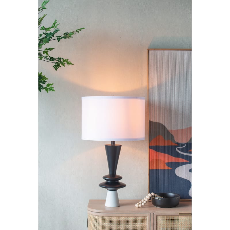 D15x26.7" Black Aluminum Table Lamp with Two Varying Disc Accents and White Shade(Lamp Shade Assembly Required) - Black White