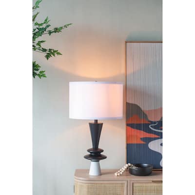 D15x26.7" Black Aluminum Table Lamp with Two Varying Disc Accents and White Shade(Lamp Shade Assembly Required)