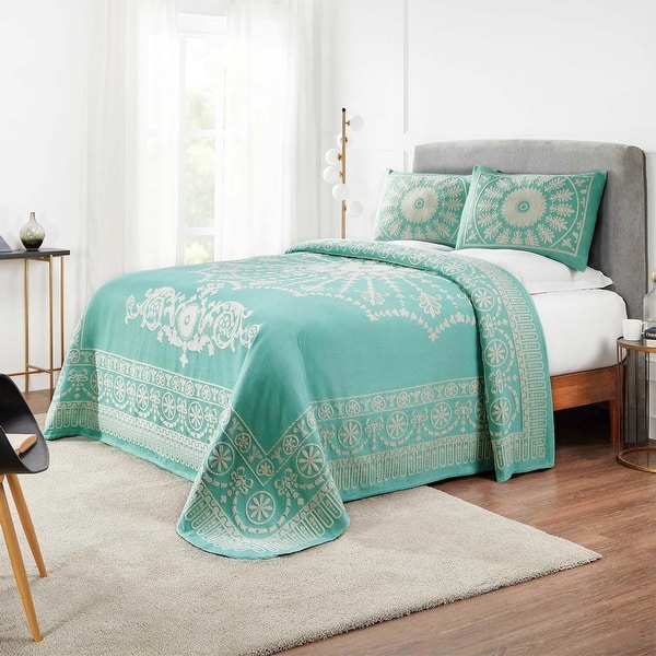 slide 2 of 5, Superior Cotton Blend Oversized Classic Medallion Bedspread Set Turquoise - Full