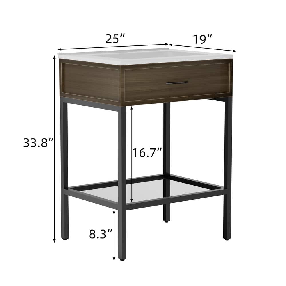 24/30/36-Inch Modern Bathroom or Patio Vanity with Metal Frame and Open Shelf, Black/White