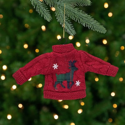 8" Red Sweater with Plaid Reindeer Christmas Ornament