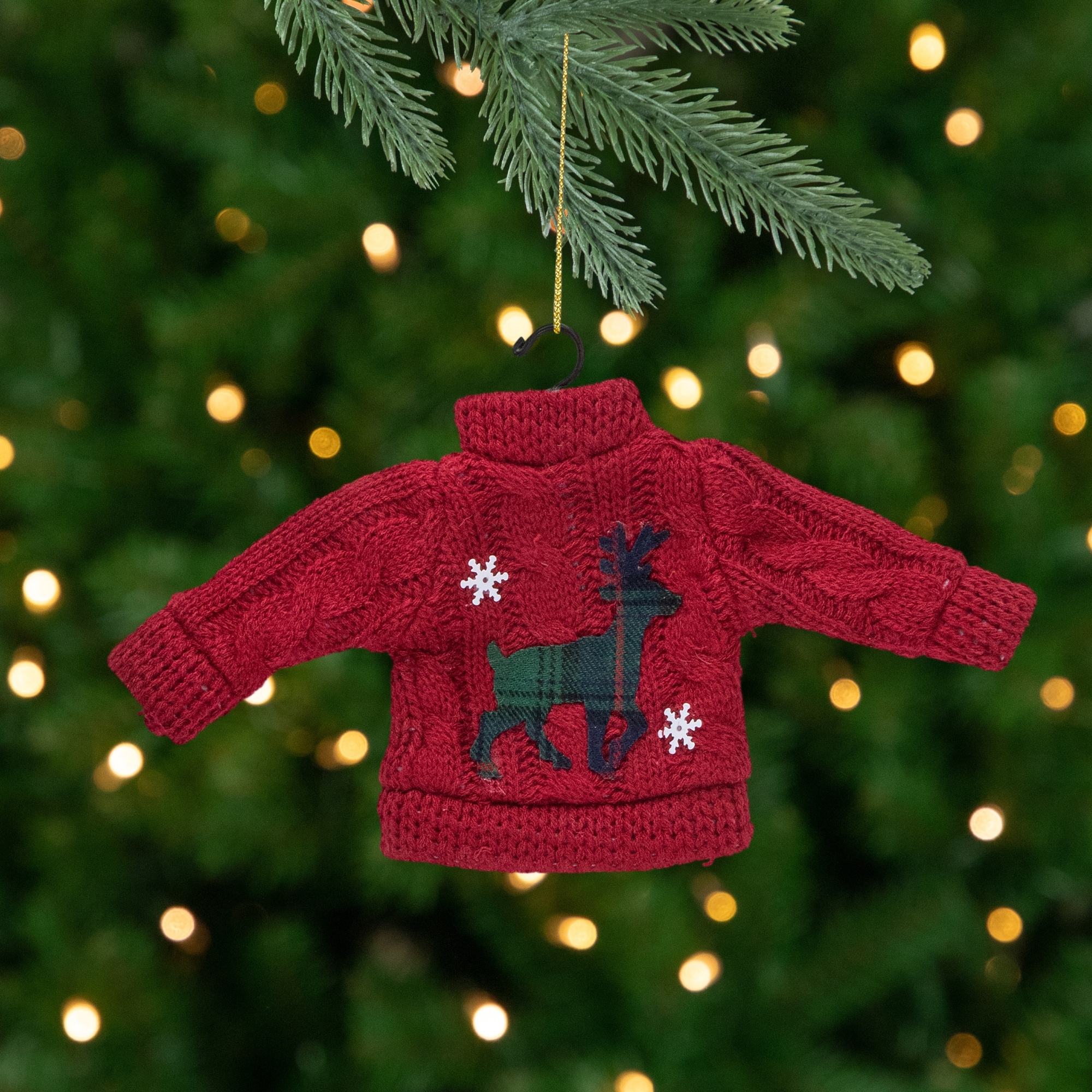 Ugly Sweater with Plaid Reindeer Christmas Ornament - 8" - Red