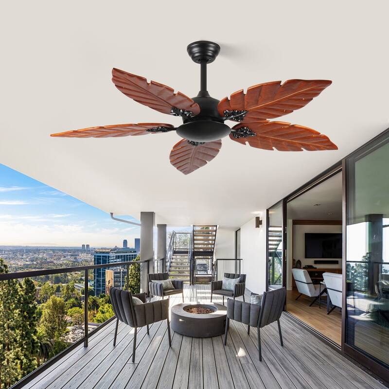 52"Tropical Ceiling Fan (No Light), Palm Leaf Indoor/Outdoor Ceiling Fan for Patio & Living Room, Reversible Fan, Black Bronze - Black+Dark Walnut