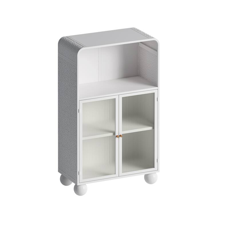 White Iron and Glass Modern Storage Cabinet with Shelves and Cupboard - 27.56” x 13.78” x 45.28”