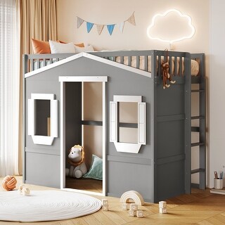 Gray/White Castle Style Solid Pine Wood Loft Bed with Ladder and Guard Rails
