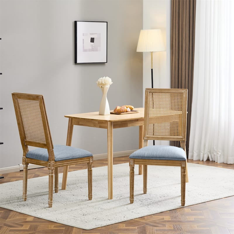 French Country Dining Chairs w/ Elegant Cane Backrest & Upholstered Seats (Set of 2)