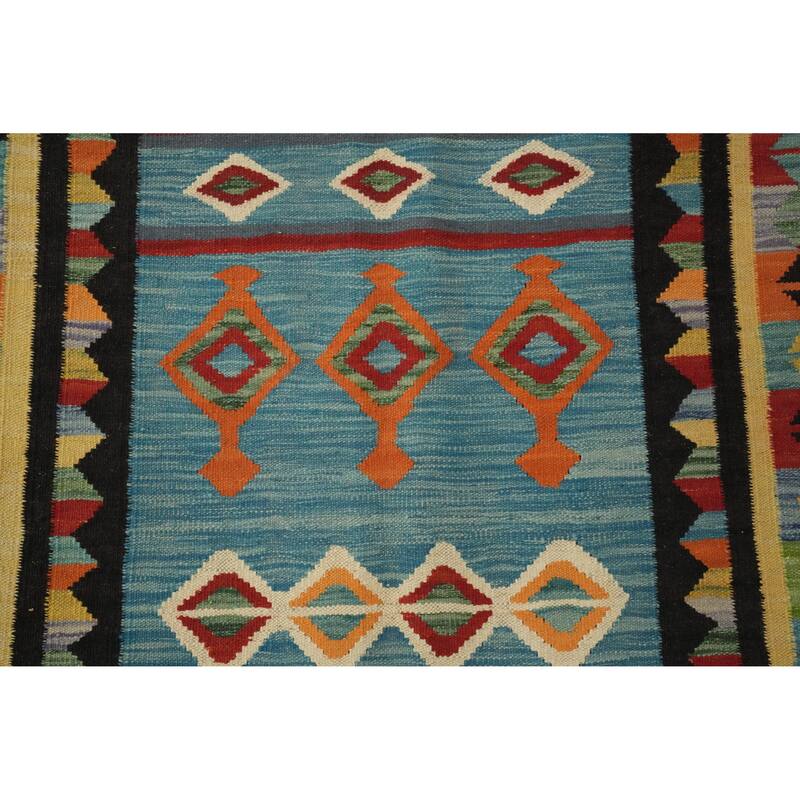 Hand Woven Oriental 100% Wool Carpet Southwestern Tribal Navy Blue & Blues Kilim Area Rug - 8' 7'' X 6' 1''