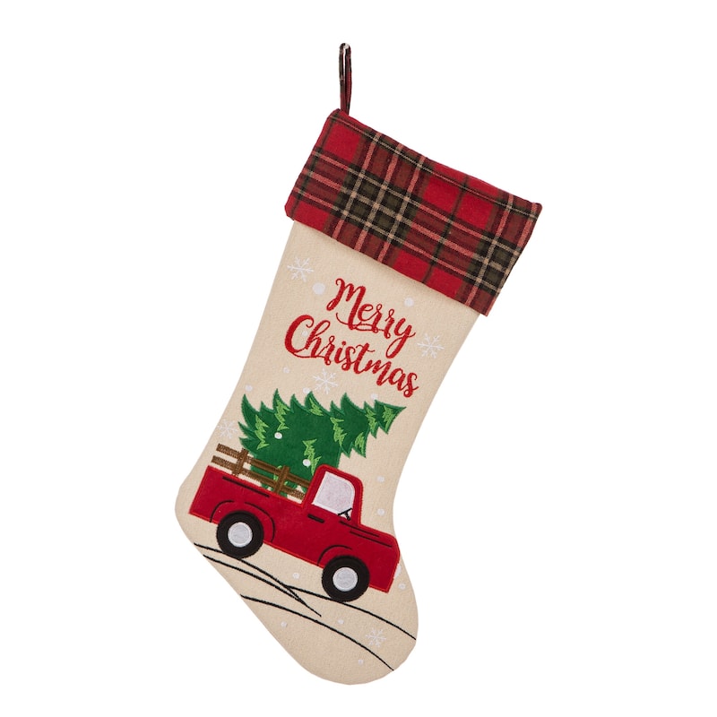 Glitzhome 21"L Embroidered Linen Red Truck Dachshund Christmas Stocking - Red Truck
