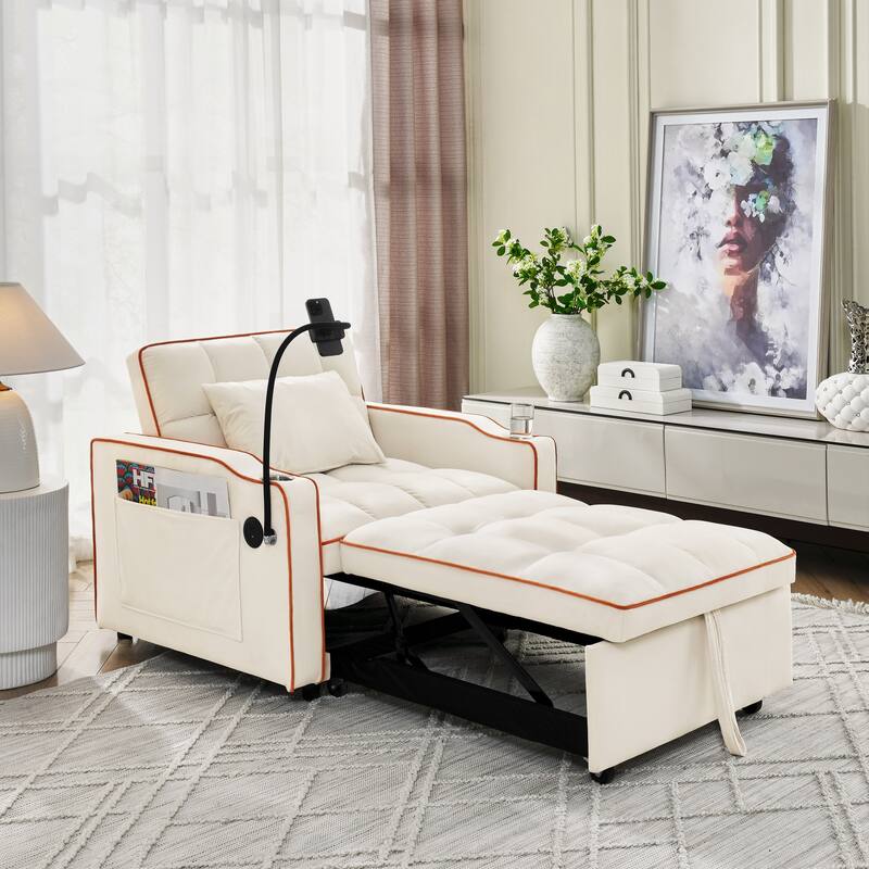 Beige Velvet Single Convertible Sofa Bed with USB Charging Port - Beige
