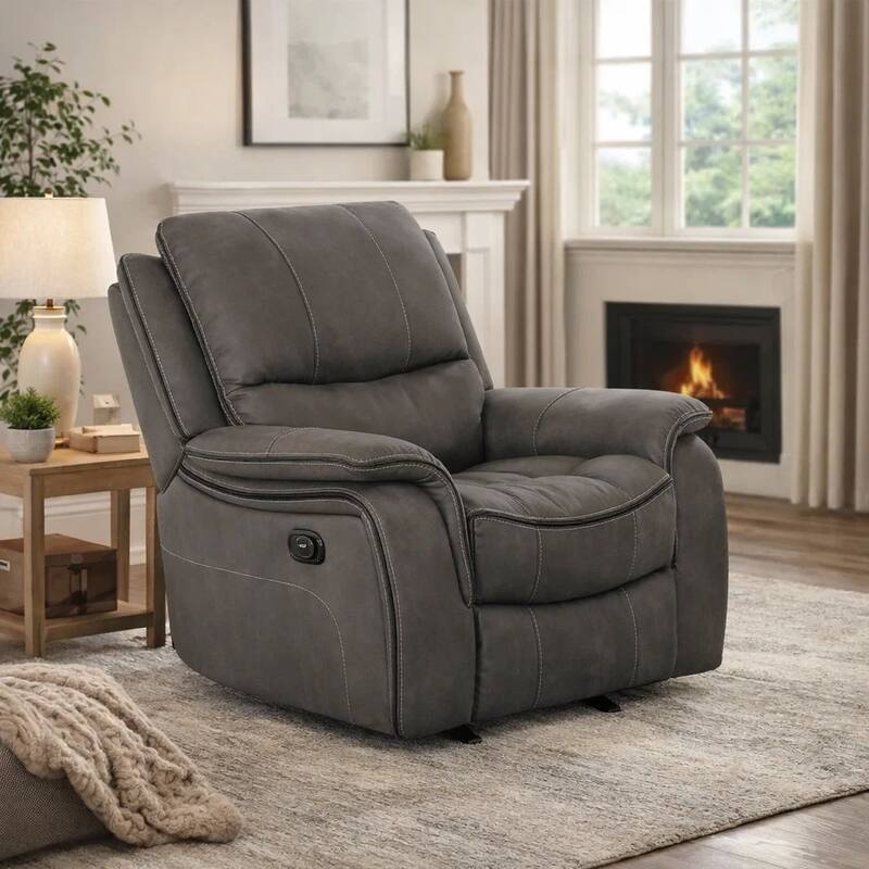 Heny Manual Glider Recliner Chair, Plush Dark Gray Pillow Top Arms