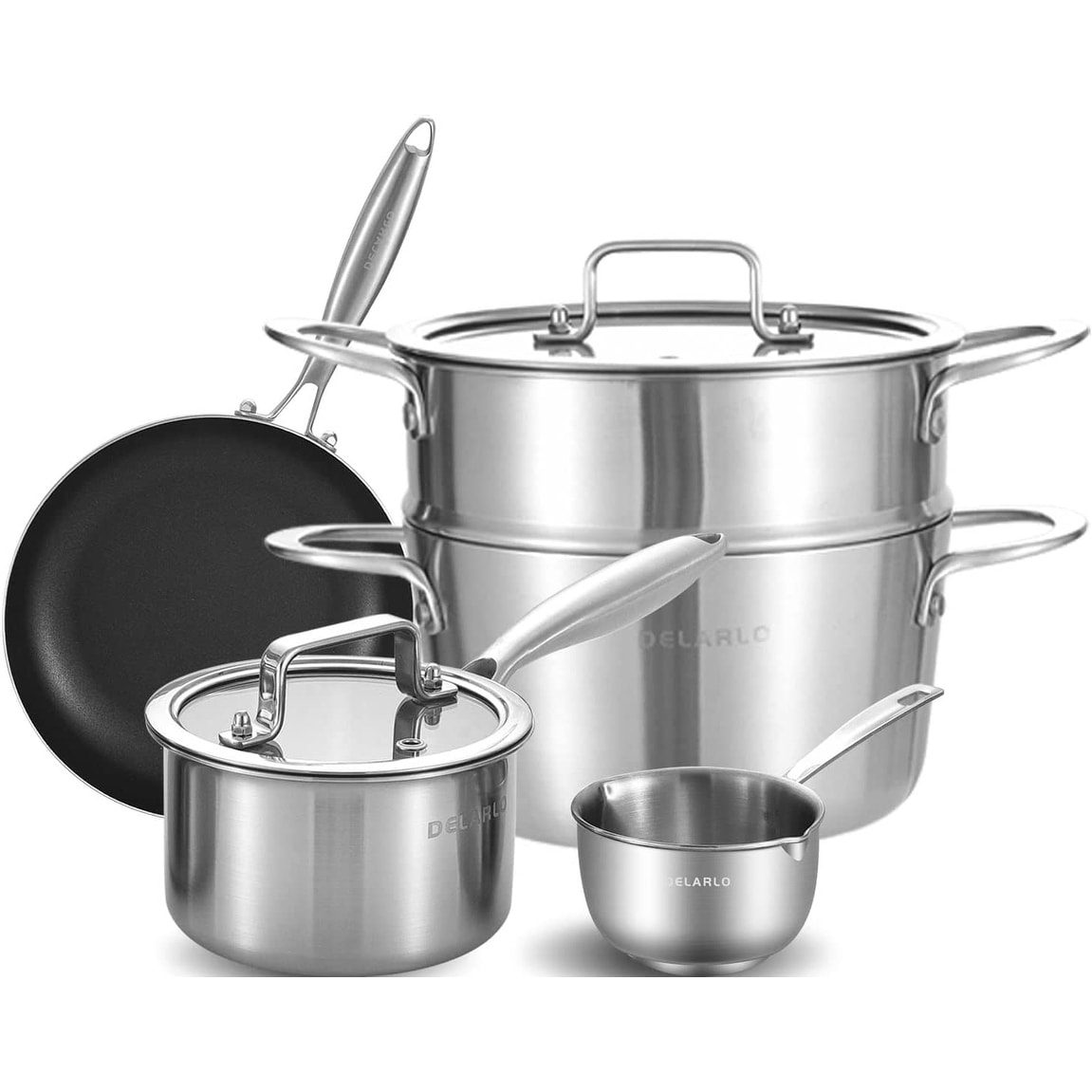 Delarlo Cookware Set of 14, Whole body Tri-Ply Stainless Steel Cookware  Set, Heats quickly Cookware, Suitable for All Stove Kitchen, Pots and Pans