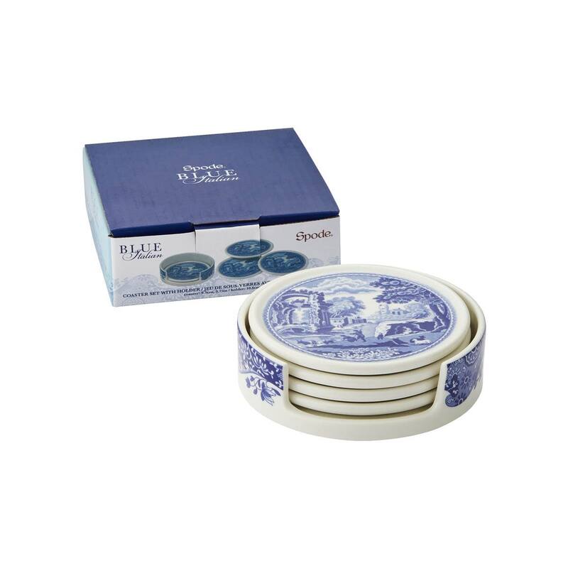 Spode Blue Italian 4 Piece Ceramic Coasters with Holder - Blue/White - Blue/White