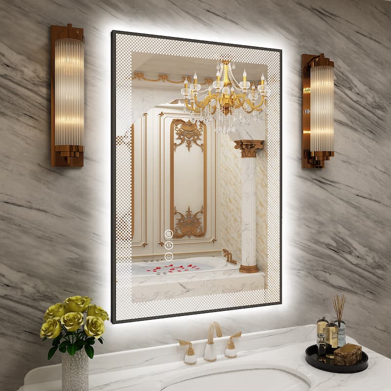 KIOTEE Metal Frame Frontlit & Backlit Anti-Fog Tempered Glass Bathroom Vanity Mirror Wall Mirror with ETL and 3-Year Warranty - 36x24