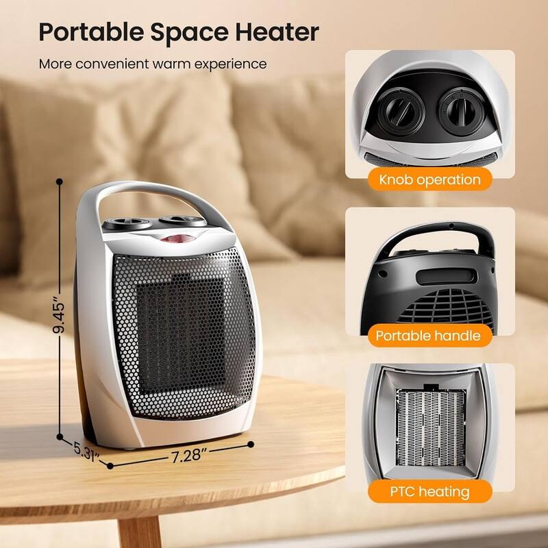 Small Space Heater, Portable 950W/1500W Ceramic Space Heater for Indoor Use, Overheat and Tipover Protection