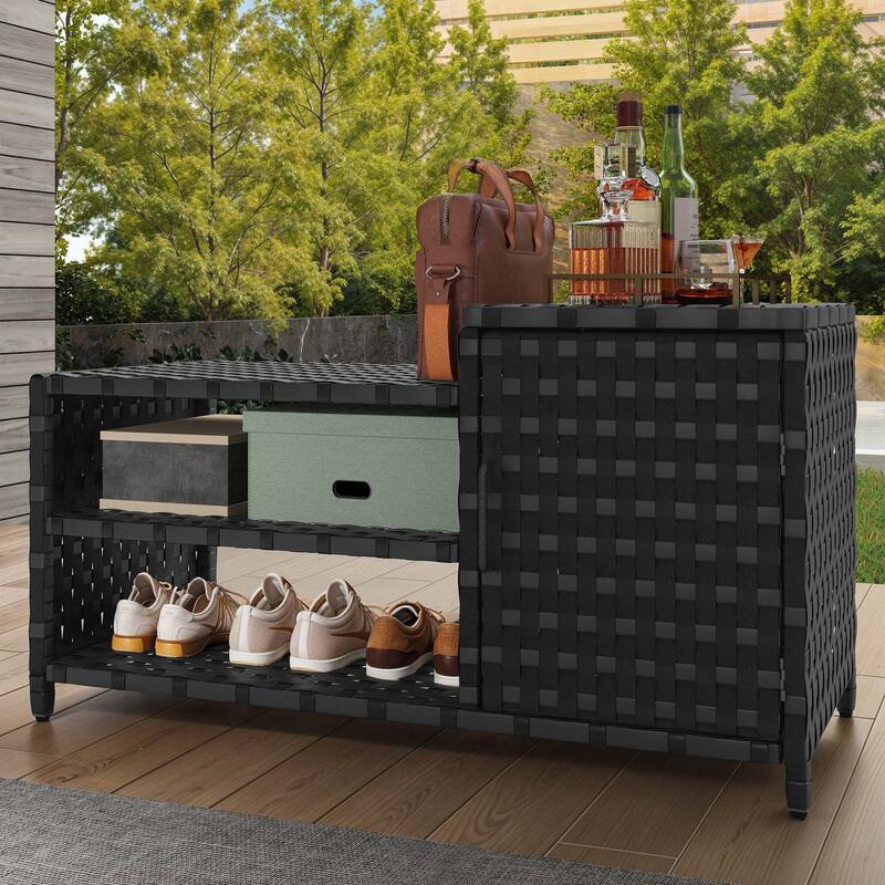 All-Weather Woven Outdoor Shoe Cabinet with 2 Shelfs and Doors, Patio PE Rattan Storage Cabients with Bench