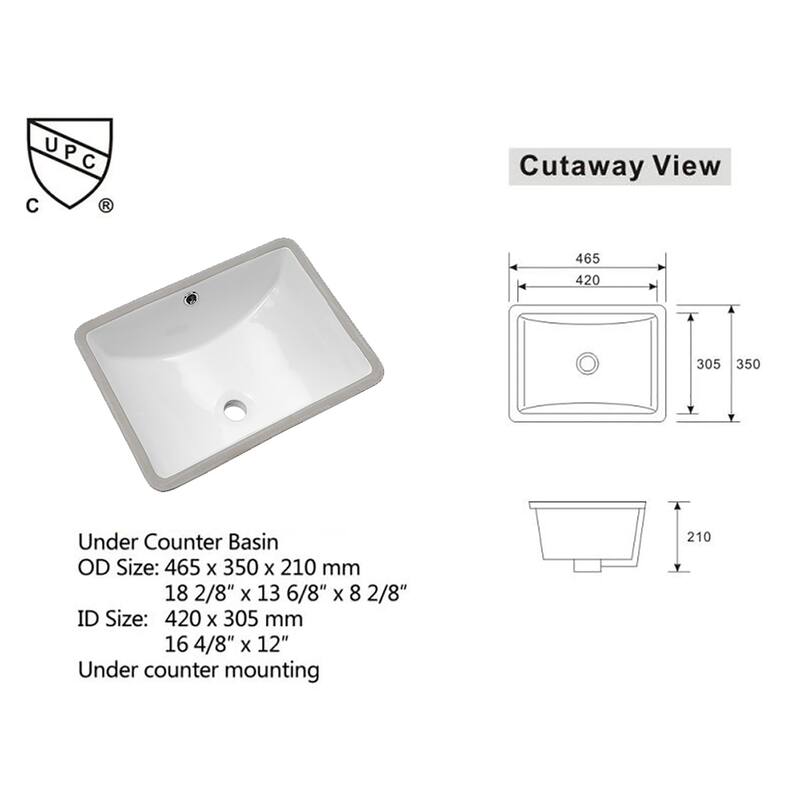 White Rectangular Undermount Bathroom Sink with Overflow
