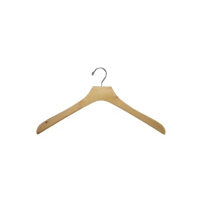 Natural Wooden Deluxe Coat Hanger, 18" Length x 2" Thick, Chrome Hook Box of 6